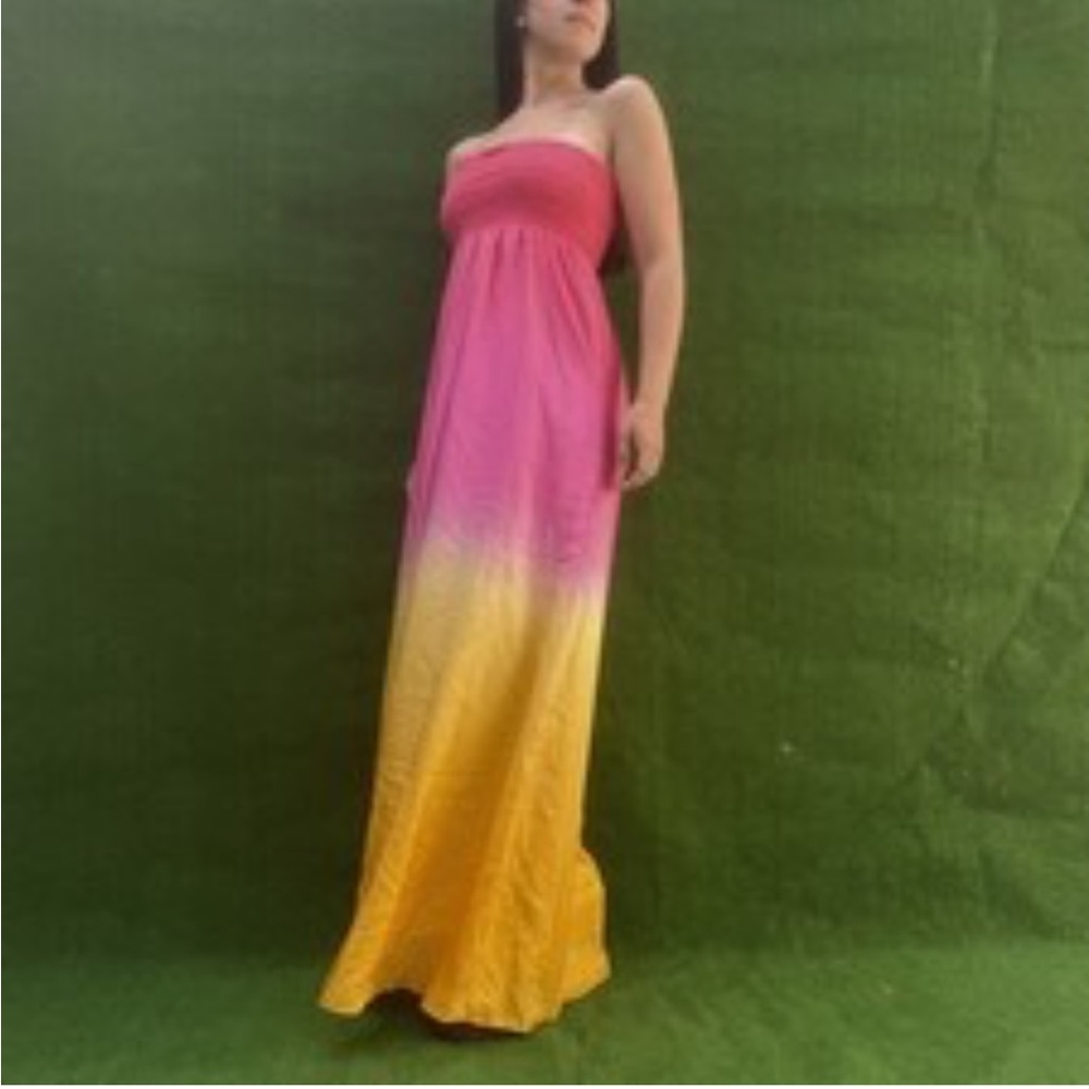 Lilly Pulitzer Carrie Hotty Pink Dip Dye Silk Maxi Dress Pink Yellow Party Wed